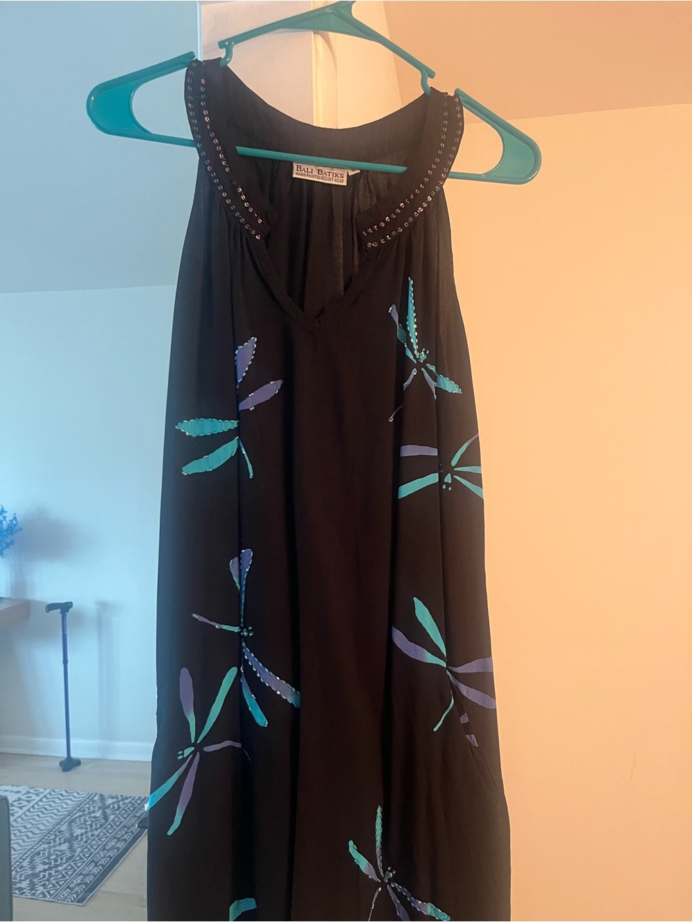 R&K Black Sleeveless Maxi Dress with Teal & Purple Dragonfly Motif